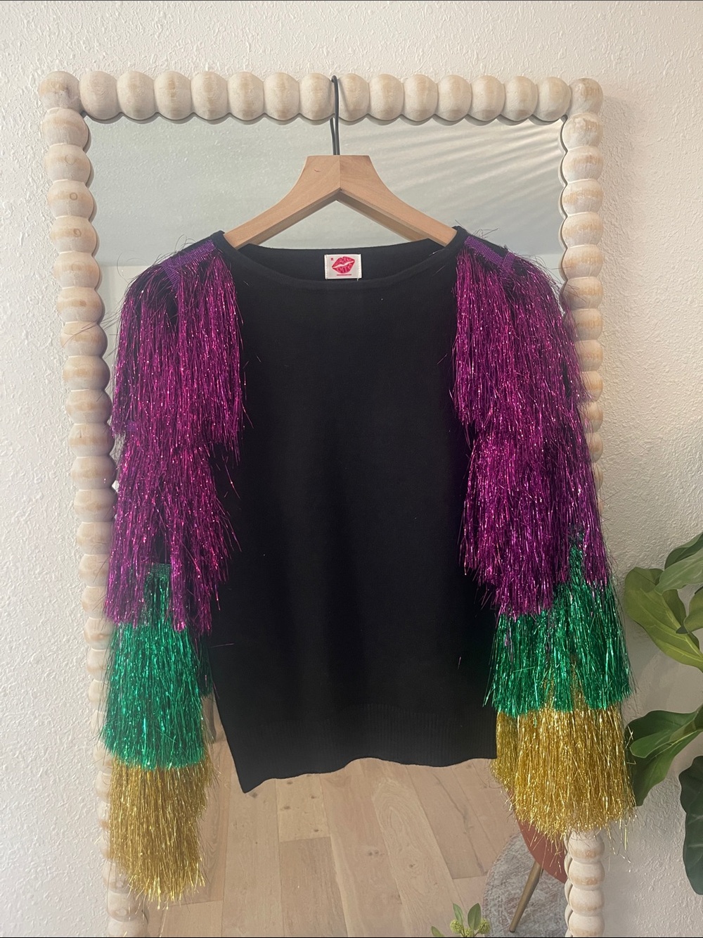 SPARKLE CITY Black Crewneck Sweater with Purple, Green & Gold Fringe Sleeves